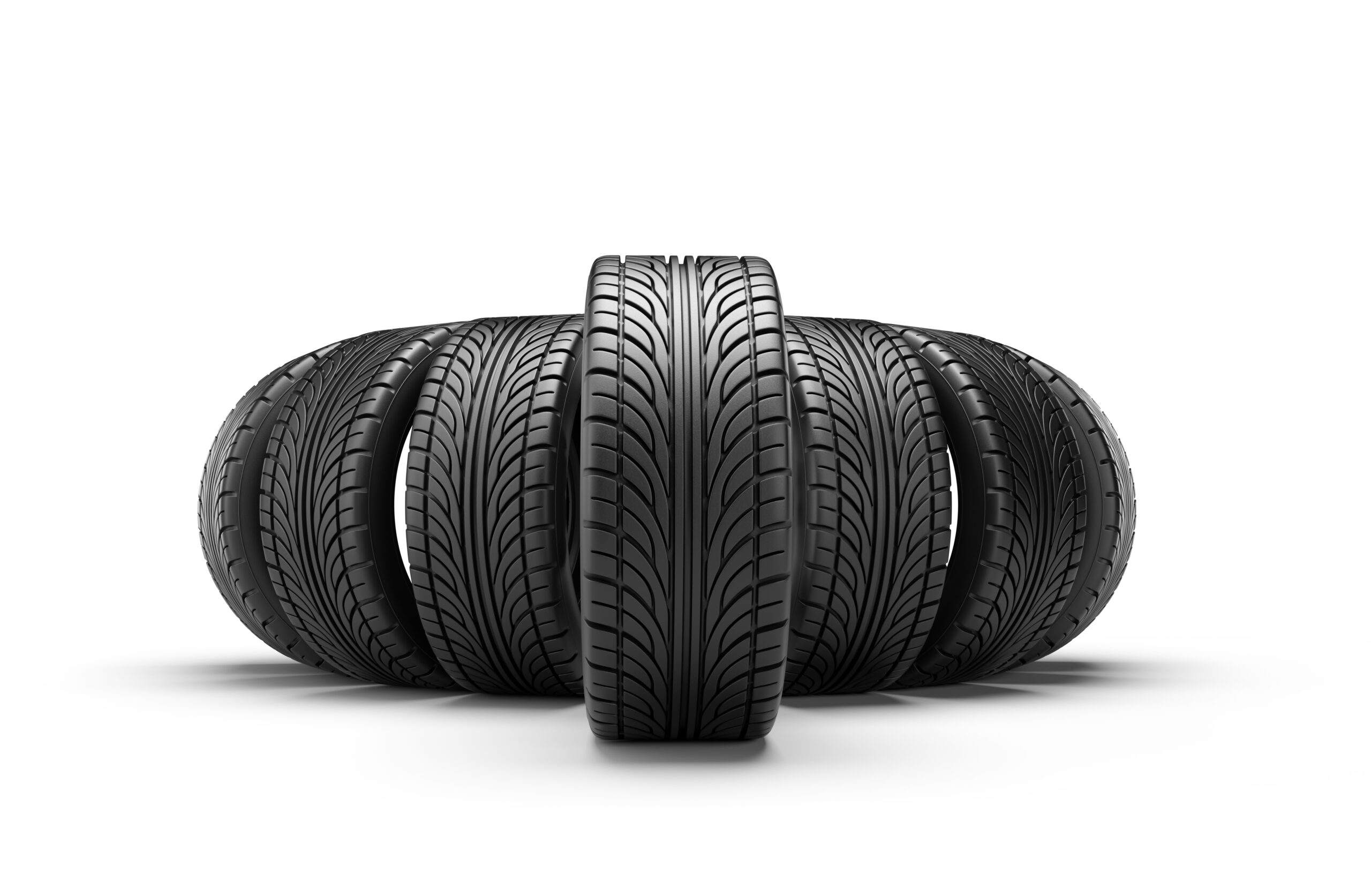 car tires row isolated white wall 3d rendering illustration