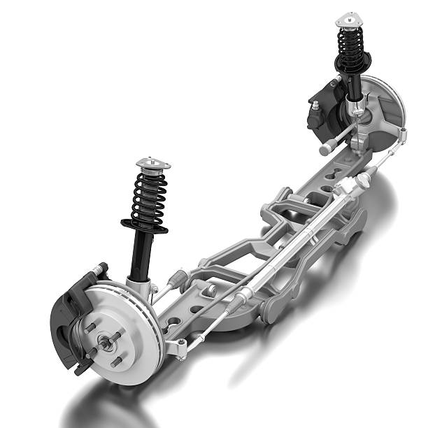 3D rendering of car suspension on white background