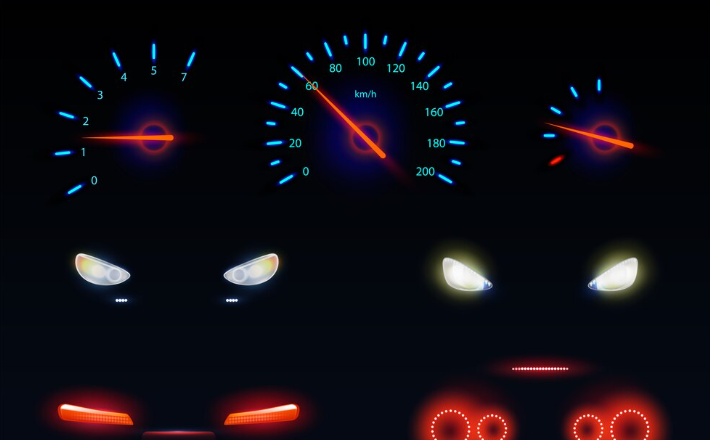 Free Vector Free vector glowing in darkness blue red and white light car front back headlights speedometer and tachometer scales battery fuel or oil level indicators 3d realistic vector set
