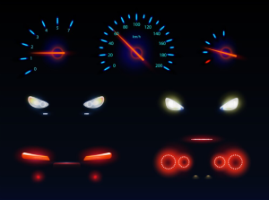 Free Vector Free vector glowing in darkness blue red and white light car front back headlights speedometer and tachometer scales battery fuel or oil level indicators 3d realistic vector set